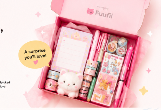 Fuufii mystery scoop box filled with stationery, washi tape, gel pens, stickers and a plush cat